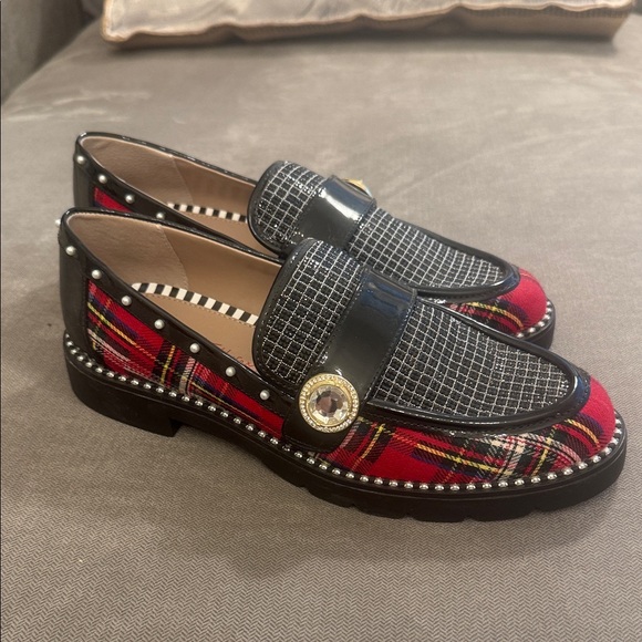 Betsey Johnson Shoes - Betsey Johnson Red Plaid & Black Accent Studded Loafers
